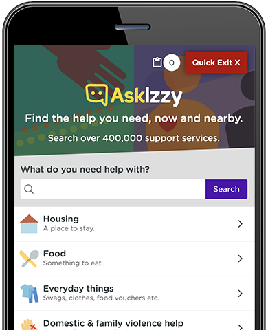 image of the Ask Izzy website in a mobile phone showing the support services they offer