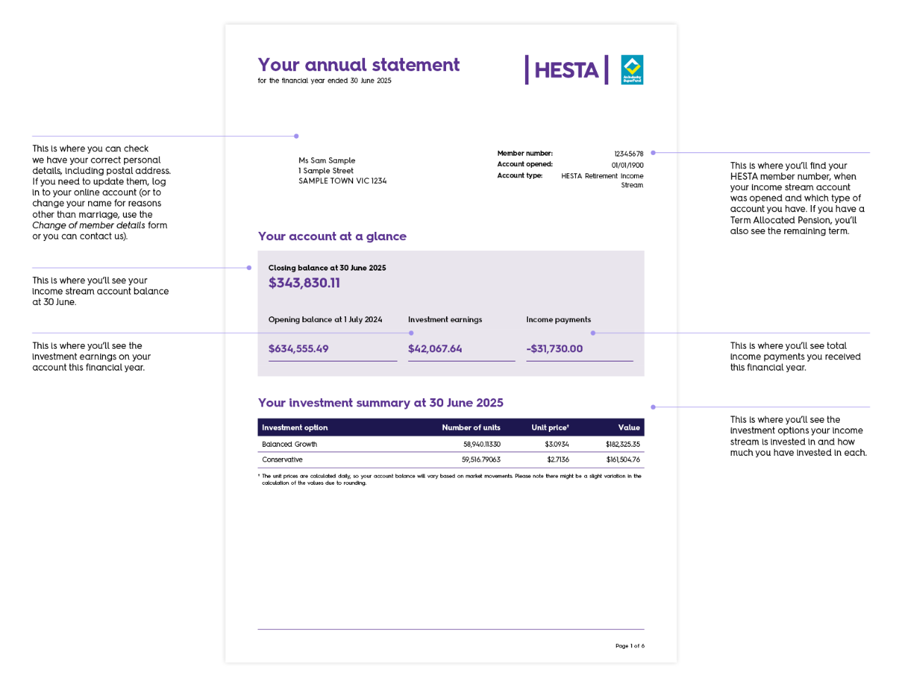 Income Stream sample statement - page 1