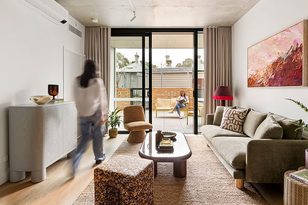 An image of an apartment living room looking out to an outdoor patio